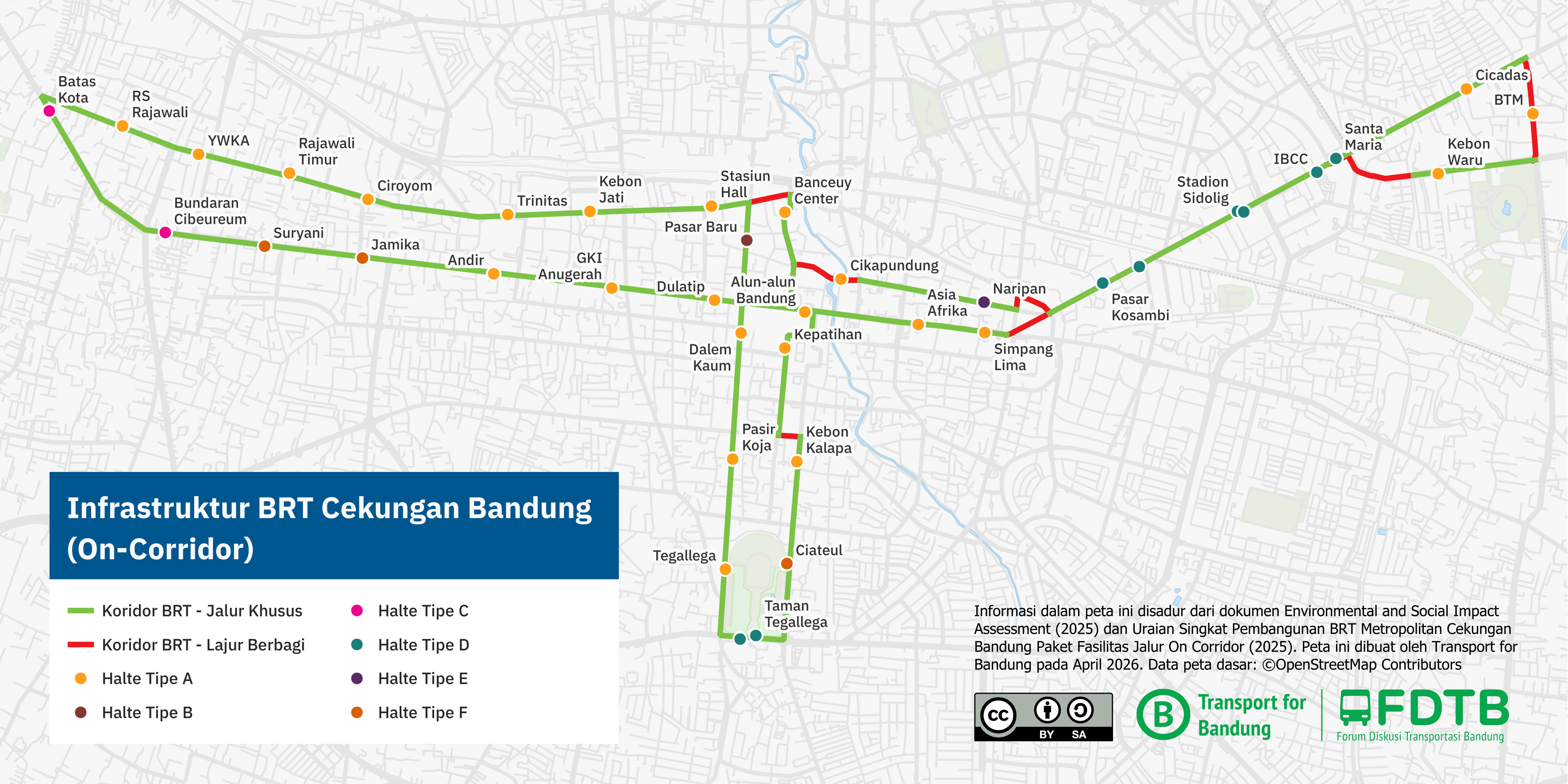 Peta rencana koridor BRT di Kota Bandung beserta halte-halte on-corridor